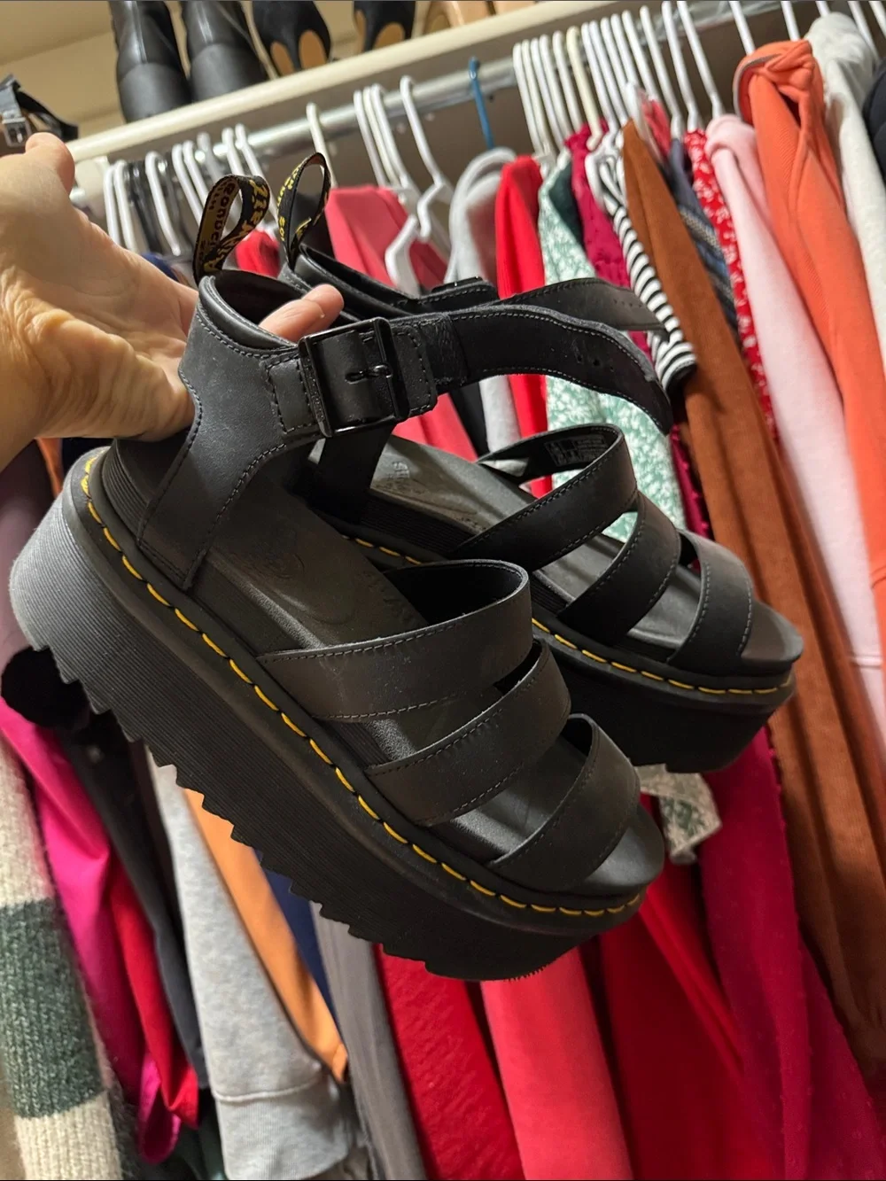 Dr. Martens Black Platform Strappy Sandals with Yellow Stitching